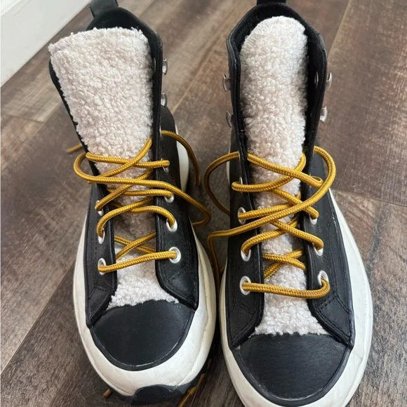 Converse Chuck Taylor Platform High Top Black Sneakers Boots with Yellow Laces - Picture 2 of 7